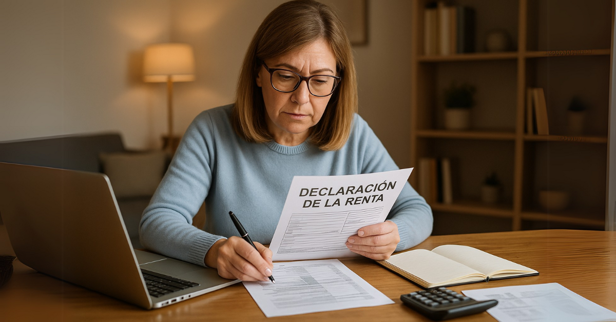 Mujer de mediana edad rellenando su declaración de la renta en casa, con portátil, calculadora y libreta sobre la mesa