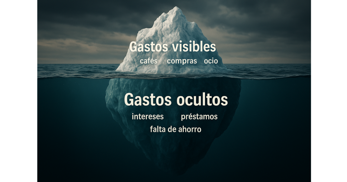 ceberg financiero que representa los gastos visibles y ocultos en la vida personal: ocio, compras, préstamos e intereses.