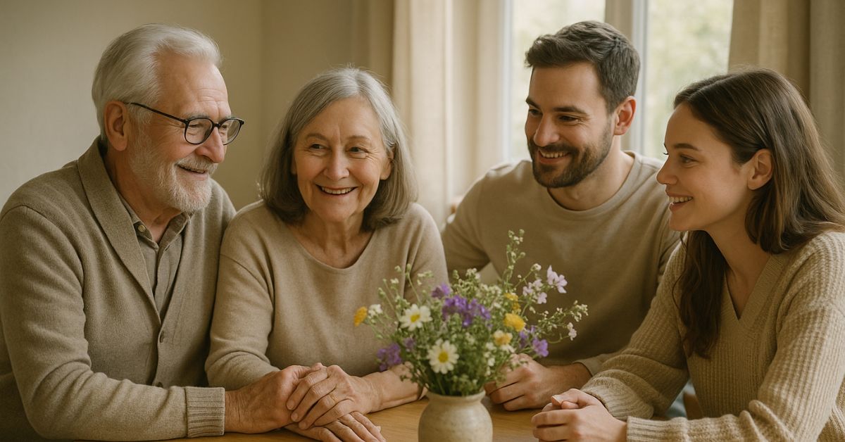 Familia de tres generaciones compartiendo una comida en casa con ambiente cálido y afectuoso