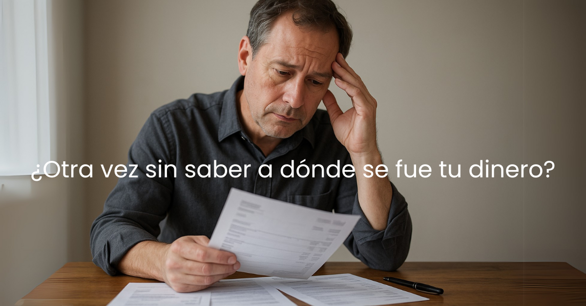 Persona revisando sus cuentas personales en casa, con gesto de preocupación. Concepto de vivir por encima de las posibilidades financieras
