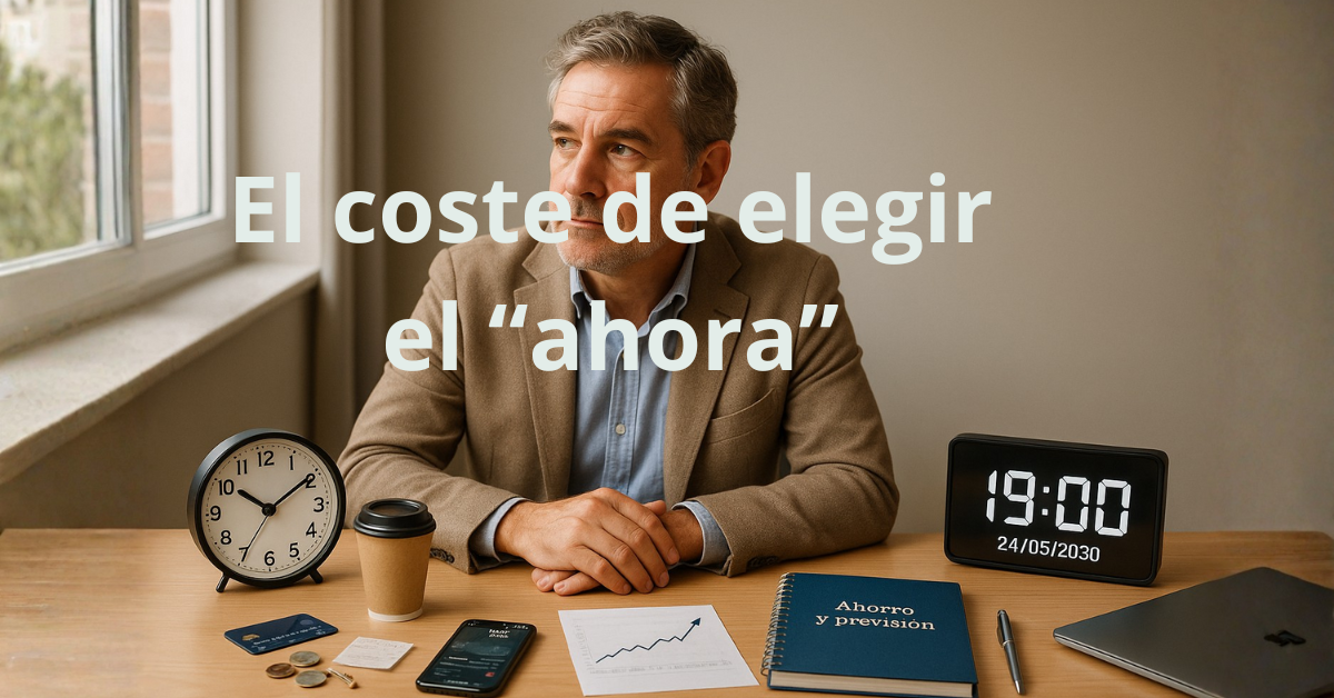 “Hombre reflexionando sobre decisiones financieras con relojes, gráficos y un cuaderno de ahorro en la mesa, simbolizando la preferencia temporal y el coste de elegir el ahora.”